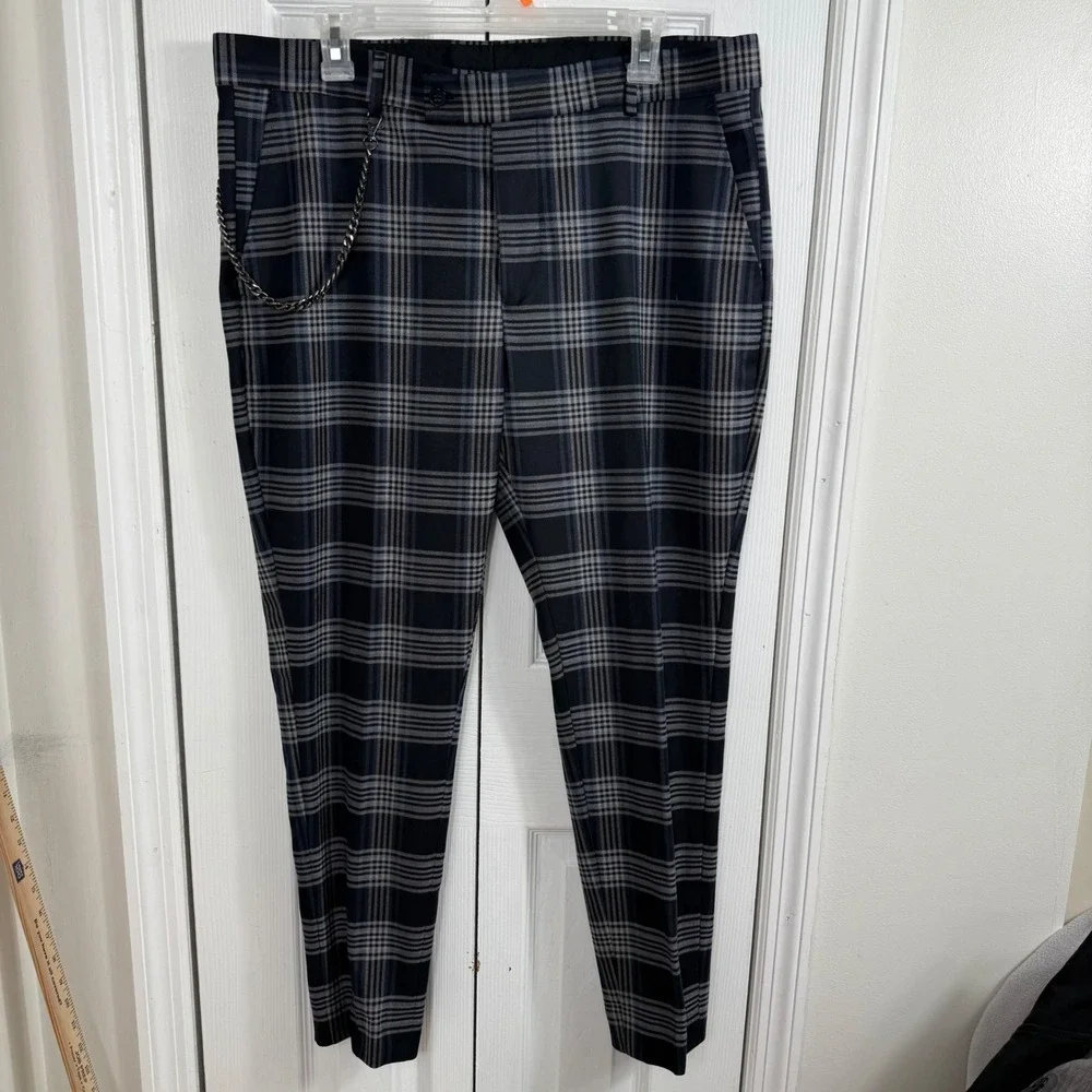 Mens 36 Plaid Chain Trousers Navy Gray Punk Goth Dark Academia Y2K Pants 36x29
